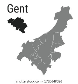 Gent map Ghent administrative districts regions vector template with map of Belgium grey on white background. Contour line city map for infographic and web.