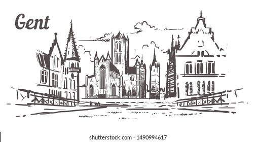 Gent skyline sketch. Gent hand drawn illustration isolated on white background.