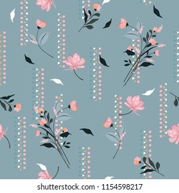 Gental blowing garden flowers on sweet tone with hand drawn geometric vertical stripe seamless pattern vector for fashion,fabric and all prints on vintage blue background color.