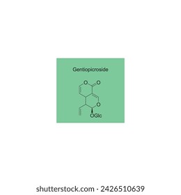 Gentiopicroside skeletal structure diagram.monoterpenoid compound molecule scientific illustration on green background.