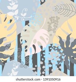 Gentle abstract collage. Seamless pattern.Flowers, leaves, spots, hairpieces, kurgs, monstera, marijuana, stripes, twigs, grass. Original composition. Vector illustration.
