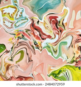Gentle abstract swirling patterns of light-pink, green, and blue hues, blending together in a fluid, dynamic composition. The chaotic yet harmonious design evokes a sense of energetic movement.