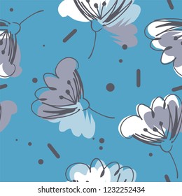 Gentle airy flowers in gray, white and blue colors seamless pattern on blue background.