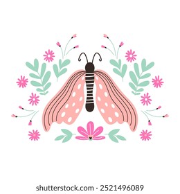 Arranjo suave com borboleta e elementos florais isolados no branco. Ilustração de vetor desenhada à mão. Design de verão e primavera para cartão de saudação, cartaz ou vestuário.