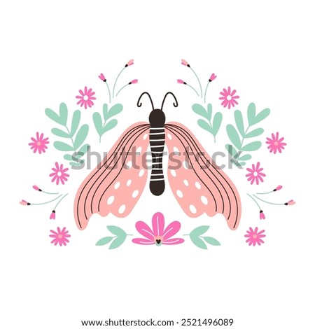 Gentle arrangement with butterfly and floral elements isolated on white. Hand drawn vector illustration. Summer and spring design for greeting card, poster or apparel.