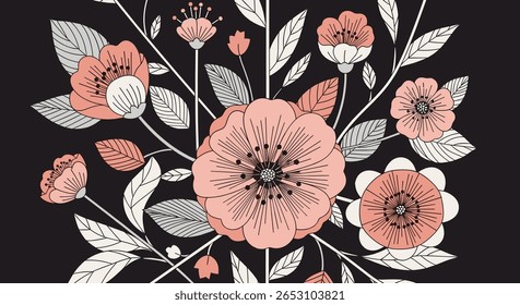 A Gentle Arrangement of Delicate Flowers in Soft Peach and Grey Hues Adorned on a Deep Black Canvas
