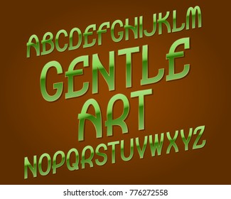 Gentle Art typeface. Green golden font. Isolated english alphabet.