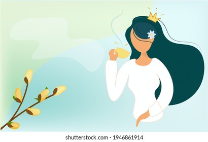 Gentle Asian girl, princess drinks coffee. Spring postcard with a charming brunette in a white blouse with a cup of coffee. Green background with pussy-willow branches. Vector illustration.