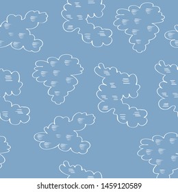Gentle baby boy seamless pattern with white doodle clouds on blue background. Nice hand drawn design for children textile or wallpaper. Vector illustration.