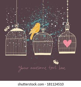 Gentle background with bird and cages. Stylish wedding invitation card. Vintage background in vector