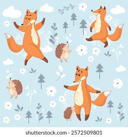 gentle background for children, seamless background, funny fox, hedgehog, hearts, flowers, pattern