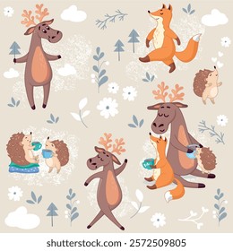 gentle background for children, seamless background, funny fox, hedgehog, deer, elk, hearts, fir trees, flowers, pattern