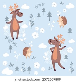gentle background for children, seamless background, funny deer, hedgehog, hearts, flowers, pattern