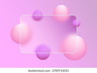 Fundo suave com gradiente rosa, esferas roxas e um quadro transparente. Eps 10