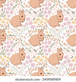 Gentle beige Easter bunny floral seamless pattern. Cute damask print. Baby rabbit sit in tiny flowers spring field. Pastel farm animal repeat background. Sweet hand drawn fabric, cottage core textile