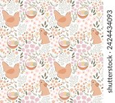 Gentle beige floral Easter bunny, hen, eggs in basket seamless pattern. Cute baby rabbit, tiny flowers, spring field. Pastel farm animal repeat background fabric cottage core wallpaper, textile design