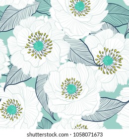 Gentle Blooming Botanical  Beautiful hand drawing line white Floral seamless pattern . Seamless vector texture.  for fashion fabric and all  Printing with in sketch free hand style on light blue