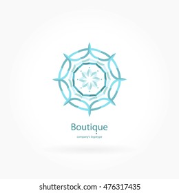 Gentle blue beautiful circular logo for boutique, flower shop, business, interior. Company mark, emblem, element. Simple geometric mandala logotype. Kaleidoscope big bud. Surround abstract blossom.