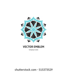 Gentle blue beautiful circular logo for boutique, flower shop, business, interior. Company mark, emblem, element. Simple geometric mandala logotype. Kaleidoscope big bud. Surround abstract blossom.