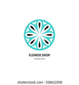 Gentle blue beautiful circular logo for boutique, flower shop, business, interior. Company mark, emblem, element. Simple geometric mandala logotype. Kaleidoscope big bud. Surround abstract blossom.