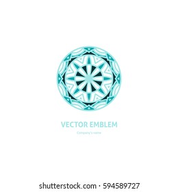 Gentle blue beautiful circular logo for boutique, flower shop, business, interior. Company mark, emblem, element. Simple geometric mandala logotype. Kaleidoscope big bud. Surround abstract blossom.