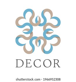 Gentle blue beige floral majolica beautiful circular logo boutique,flower shop,business,design ceramic tiles,interior.Simple geometric mandala logotype.Kaleidoscope big bud.Surround abstract blossom
