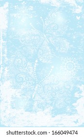 Gentle blue Christmas grungy background with lacy butterflies and snowflakes (vector EPS 10)