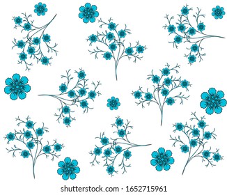 Gentle blue contour flowers on a white background. Vector illustration, seamless pattern