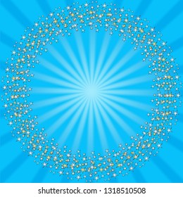 Gentle blue frame with blurred rays and a halo of gold and silver stars. Vector image. Eps 10