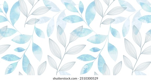 Gentle blue line art abstract background with linear and watercolor leaves. luxury vintage seamless pattern. Elegant floral design. Can be used for wrapping, textile, print, banner, brochure, label