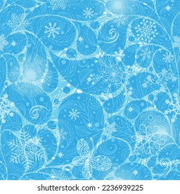 Ein sanftes blaues, nahtloses Muster mit Pisley und transparenten Schneeflocken. Vektorbild. EPS10