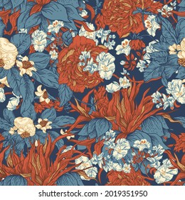Gentle blue vector vintage floral seamless pattern. Botanical flowers. Regency texture, baroque style hand-drawn background
