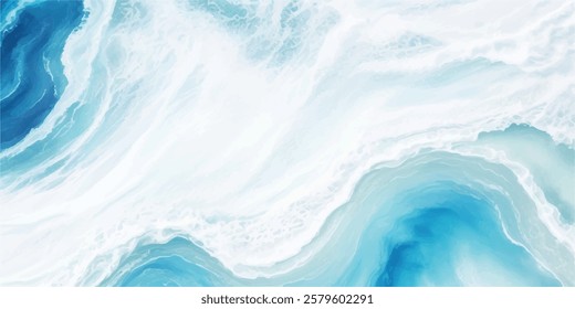 Gentle blue and white watercolor ocean waves layered to create the illusion of a tropical sea crashing with big waves, giving a dynamic feel of fluid motion in a flat, cartoon-style composition.
