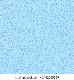 Gentle blue winter seamless pattern with hand drawn sprigs and snowflakes. Baby,children background. Vector illustration. For print cup,textile,fabric,wallpaper,banner,web,scrapbook,cover of notebook.