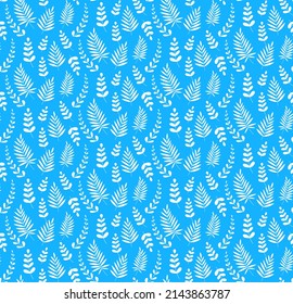 Gentle botanical seamless pattern. Bohemian style with abstract grass. Blue textile. Minimal hand drawn elements. Vector stock illustration