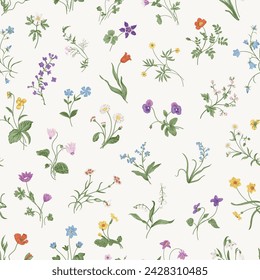 Gentle botany. Spring flowers. Seamless pattern. Vintage vector floral illustration. Colorful