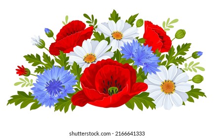 Gentle bouquet of wildflowers. Red poppy, white daisy, blue cornflower, leaves and buds. Vector illustration.