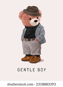 gentil lema de niño con muñeca de oso en traje de forma estilo de moda ilustración vectorial