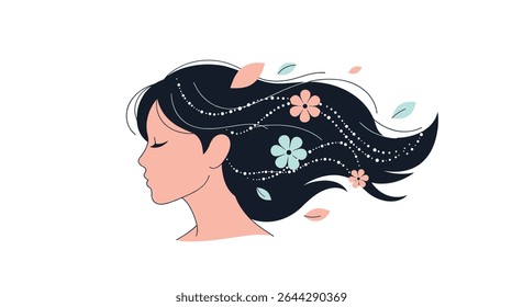 The Gentle Breeze Whispers Through Her Hair Adorned with Flowers of Spring and Summer