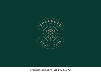 Gentle bright rose flower circle line art logo design template for yoga spa vector illustration. Shiny botanical floral blossom luxury golden linear logotype for skin care cosmetic brand beauty salon