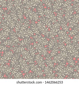 Gentle brown winter seamless pattern with hand drawn sprigs and snowflakes. Baby,children background. Vector illustration.For print cup,textile,fabric,wallpaper,banner,web,scrapbook,cover of notebook.