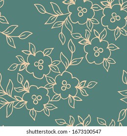 Gentle calm floral seamless vector pattern in vintage style. Hand-drawn light pink outline of small flowers, bouquets on a blue green background. For prints of fabric, clothing, textile products.