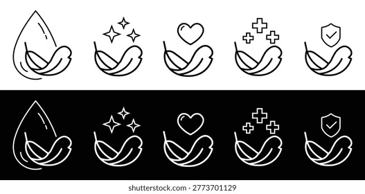 Gentle Care Icons Set with Feather Symbols for Sensitive Skin Cosmetic and Delicate Fabric Product Features
