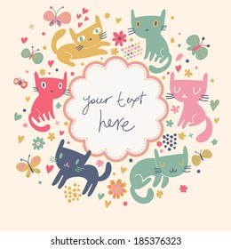 Gentle cartoon background with cute cats and butterflies. Bright birthday invitation card in vector.