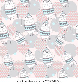 Gentle cartoon background with cute cats with balloons.Seamless pattern.