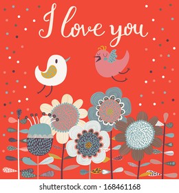 Gentle cartoon birds on flowers in vector. Stylish floral card. Summer background in bright colors. Romantic invitations card