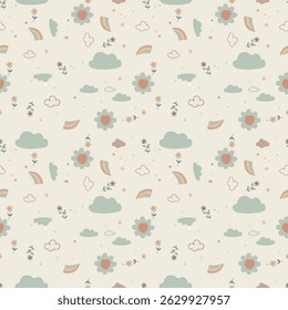 A gentle and cheerful design featuring delicate flowers, soft clouds,and a vibrant rainbow. This heartwarming illustration evokes a sense of peace and positivity with its pastel colors and subtle deta
