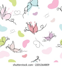 Gentle cheerful seamless pattern of butterflies, hearts in pastel colors to create a cozy, good mood. For printing on wallpaper, fabric, for children, for interior and other decor. Handmade.