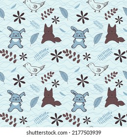 Gentle childish seamless pattern with animals, hare, fox, bird
