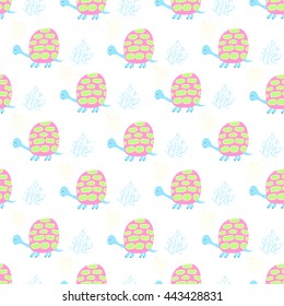 Gentle children's background with turtles and algae in the fashionable pastel soft colors for the textiles and handicrafts